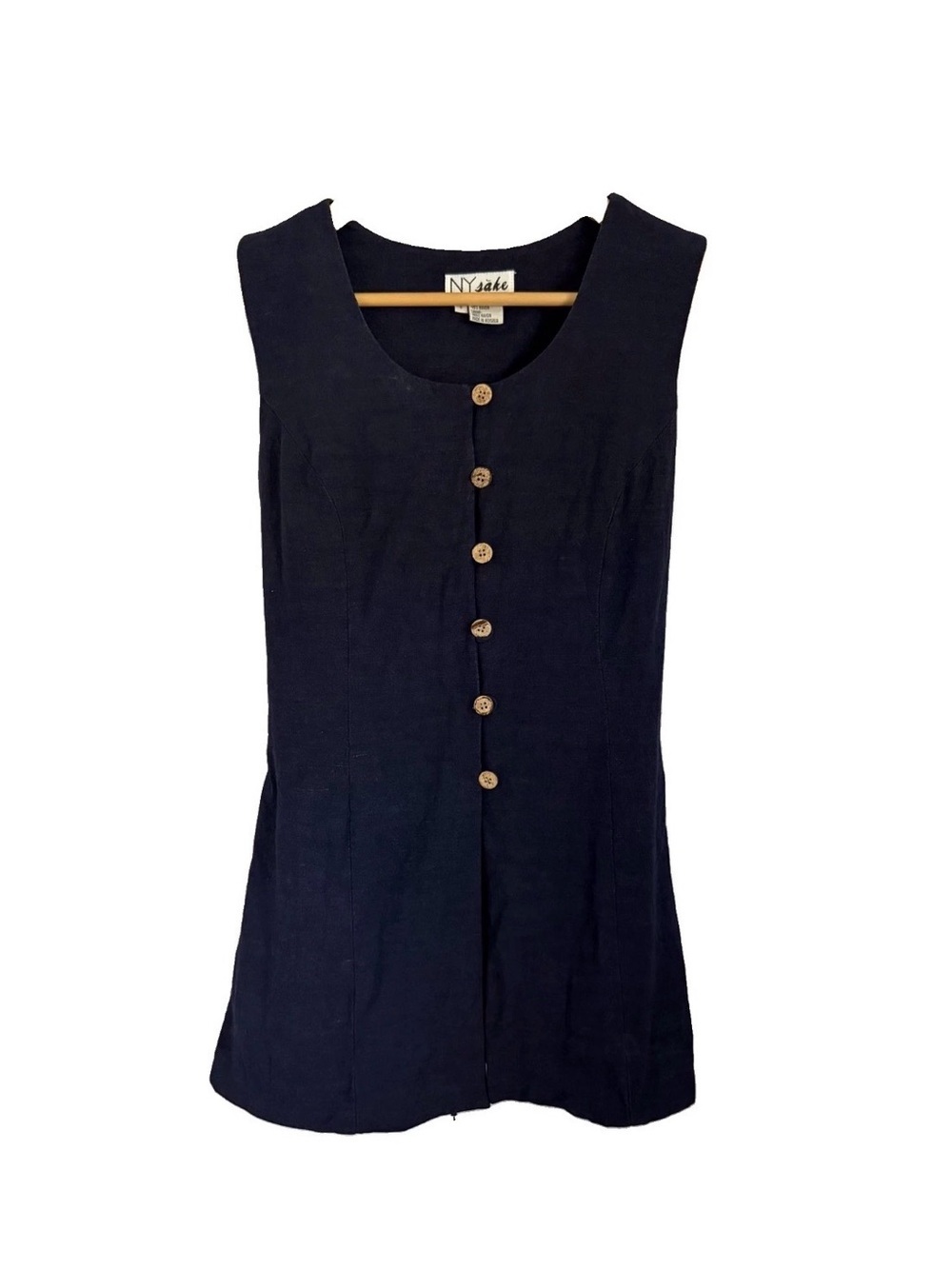 NYsake Tunic Top Womens 6 Navy Blue Linen Blend Sleeveless Button Front